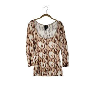 Just Cavalli Top Brown Snake Animal Print Scoop Neck 3/4 Sleeve Size Medium